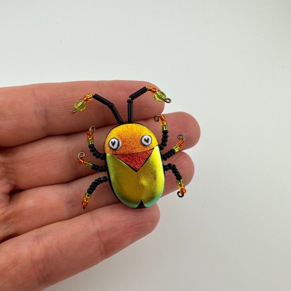 Multicolor Shimmery Dichroic Art Glass Beaded Scarab Bug Insect Brooch 1.5" OOAK - Picture 10 of 14